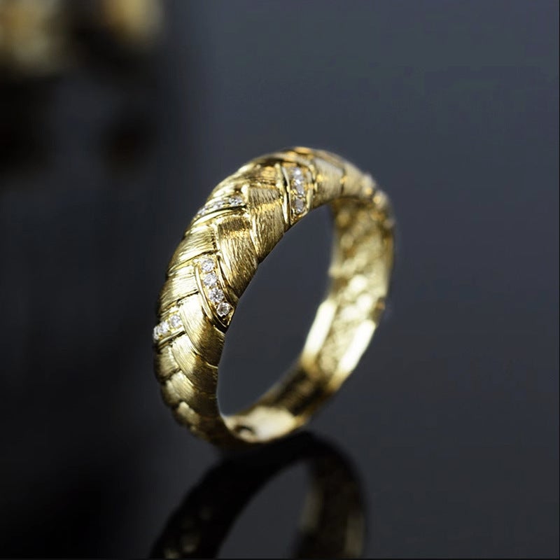 Hui Tan Wire Woven Fashion Ring Light Luxury Retro Style Textured Finger Ring Twist Design Sense Zircon Finger Ring - Image 1